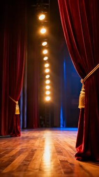 A majestic, empty theater stage awaits its moment, framed by sumptuous red velvet curtains with decorative golden tassels. Warm, vertical spotlights illuminate the polished wooden floor, casting a dra