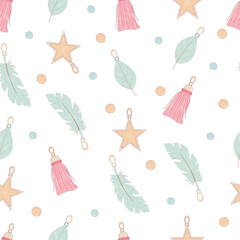 Seamless pattern with cute boho charms tassels, feathers, and stars