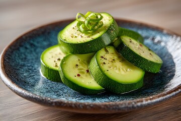 Sliced zucchini with green onion garnish on blue plate Image