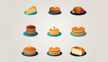 Baked goods like cake, pancakes, and croissant. Perfect for bakery ads, food blogs, or restaurant menus looking for tempting treats.