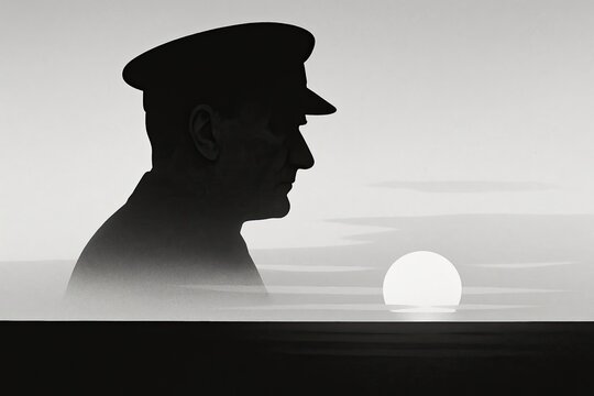 10 Kasim silhouette of a man in uniform watching a calm sunset in monochrome minimal style creating reflective mood