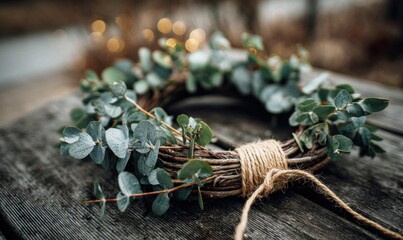 A rustic wreath made of eucalyptus leaves and twigs, tied with a jute rope, rests on a wooden surface with bokeh lights in the background.