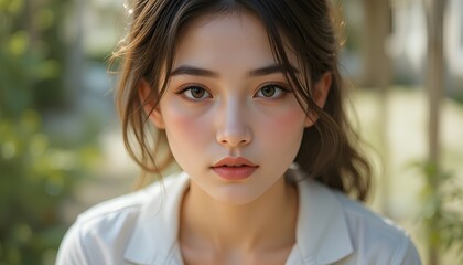 Obraz premium Beautiful young woman with a captivating gaze, portraying natural beauty and effortless elegance, perfect for skincare and beauty product campaigns