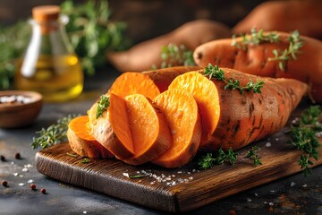 Sweet Potatoes Sliced with Thyme and Olive Oil orange Image