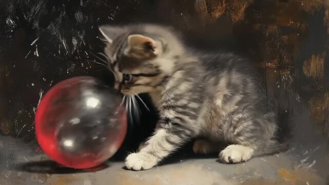 Kitten Playing, playful kitten pounces on a colorful ball of yarn