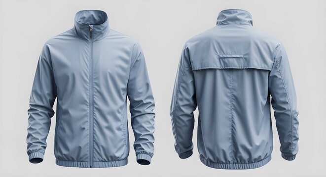 Dusty blue windbreaker jacket mockup showing front and back views
