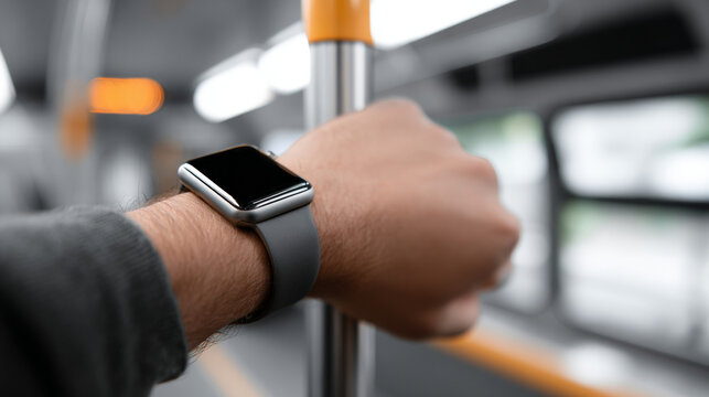 A man's wrist with a smartwatch on it, holding onto the pole of public transportation vehicle