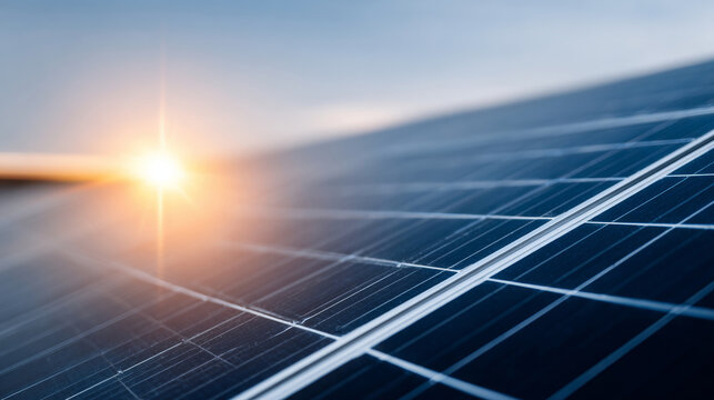 A solar panel with the sun setting in the background, creating a lens flare effect