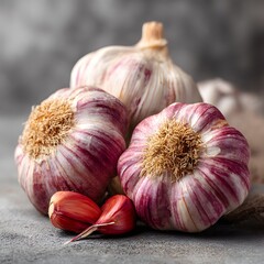 Group of Purple Striped Garlic Bulbs and Cloves stripes Image