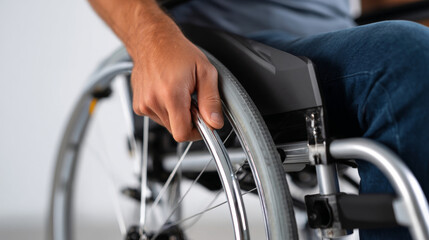 Obraz premium A close up of a person's hand on the wheel of a wheelchair, with jeans and part of their leg visible in blue denim pants