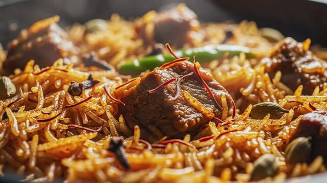 A close-up of delicious and aromatic mutton biryani with saffron and spices.