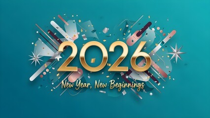 Golden 2026 new year design with confetti and geometric shapes on teal backdrop