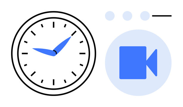 Clock with blue hands and video camera icon on soft background. Ideal for time management, virtual meetings, scheduling, online learning, productivity, remote work, simple flat metaphor