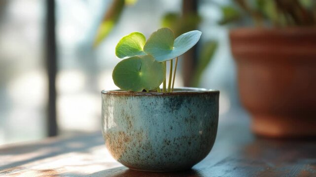 Video A small plant sits in a pot on a wooden table, with a simple background