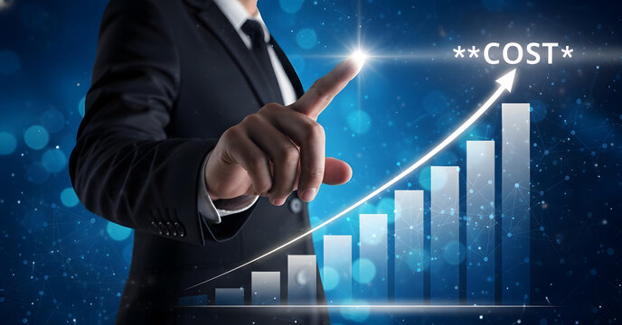 Businessman points at rising cost graph, showing increasing expenses