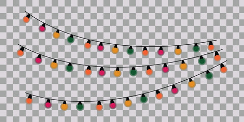 String of Christmas lights in vector clipart style with colorful bulbs overlay style. PNG illustration for festive decor, borders, cards, or holiday design with transparent background.