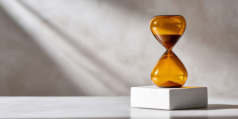 A sand timer with amber colored glass sits on a white block, the sands are slowly flowing down from top to bottom