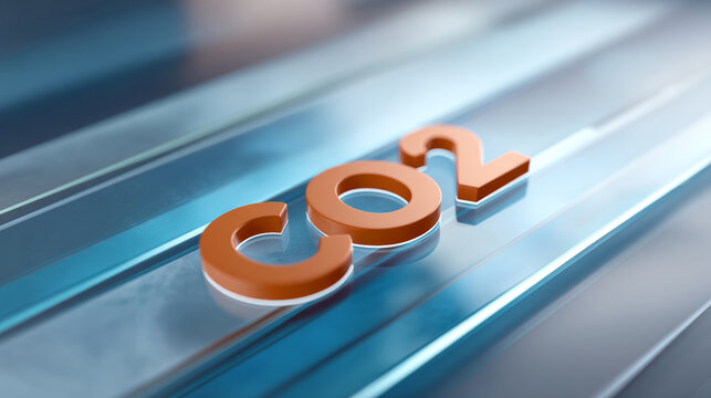 A shiny metallic orange CO sign on a blue background with light streaks