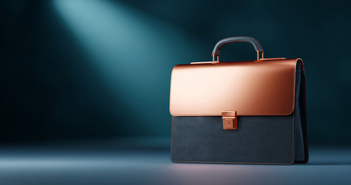 A sleek, modern briefcase with a copper and navy blue color scheme is illuminated by dramatic lighting against a dark background