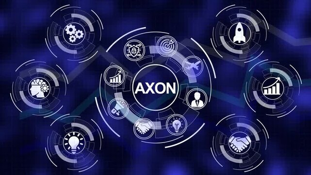 Digital Network Hub with Axon Central and Business Icons on Blue Grid Background technology connection