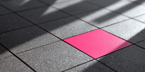 A pink square on a grey tiled floor with sunlight casting shadows across the surface