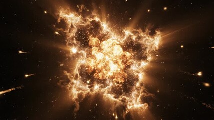 Intense orange explosion in dark space with glowing meteor shower or projectile impact effect and lens flare - Powered by Adobe