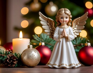 Christmas background with an angel figure, baubles, spruce branches, and Christmas tree decorations