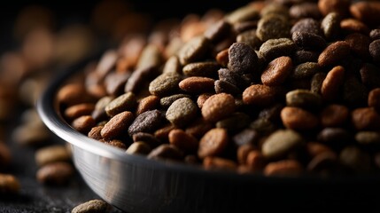 Different types of dry dog food displayed in a black bowl on a dark surface