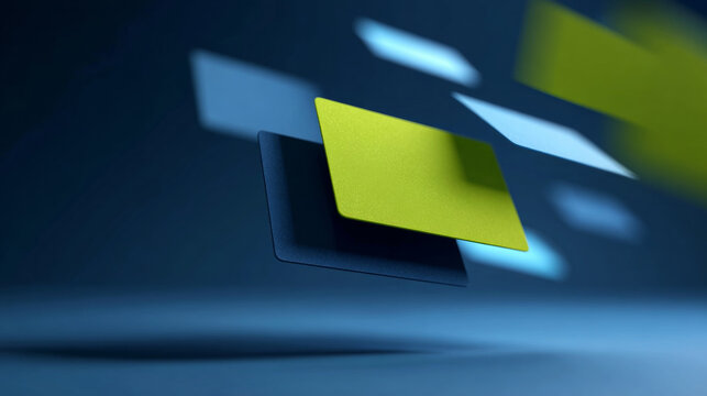 A blue background with floating yellow and black squares