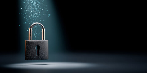 A padlock is shown with a beam of light shining down on it and particles floating above, suggesting unlocking or security measures