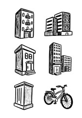 Obraz premium Hand Drawn Building and Bicycle Icon Set in Sketch Style