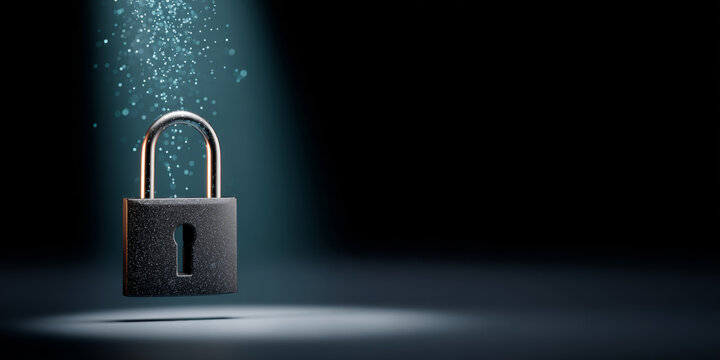 A padlock is shown with a beam of light shining down on it and particles floating above, suggesting unlocking or security measures