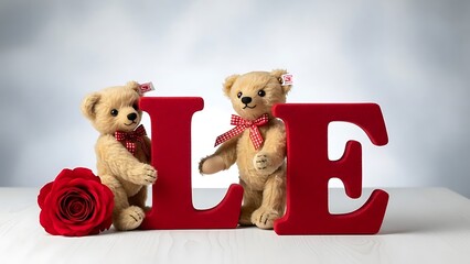 Two teddy bears with large red letter e for love