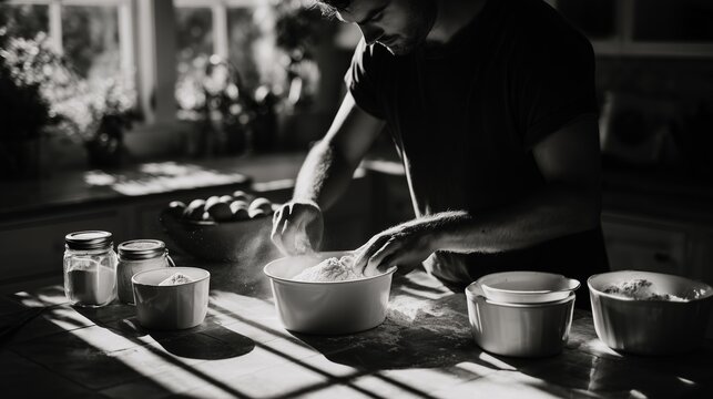 Baking homemade bread in a bright kitchen with sunlight filtering through windows