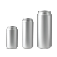 Aluminum drink can three different volumes, vector realistic blank metallic tin can drink packages various sizes mock up