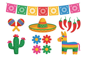 Mexican Fiesta Elements Vector Set Featuring Papel Picado Banners, Cactus, Sombrero, Maracas, and Colorful Pinata Decorations for Festive Celebration Themes