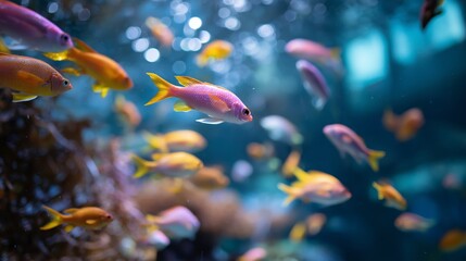 Fototapeta premium Colorful fish swimming in a vibrant aquarium during a bright day