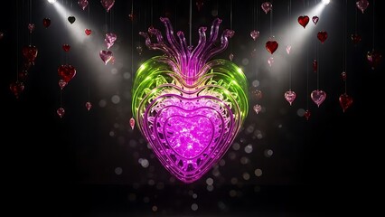 Glowing sacred heart ornament with hanging hearts and spotlights