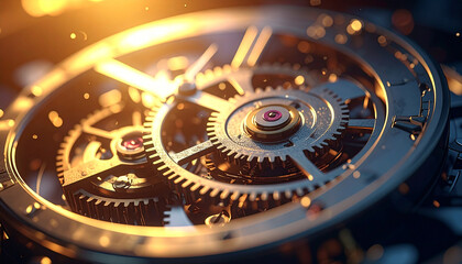 Time's Intricate Dance: A macro view unveils the intricate inner workings of a classic timepiece, showcasing its delicate gears, springs, and meticulous design, all bathed in warm, ambient light.