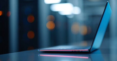 A laptop is on a table with pink lights reflecting off of it in an setting