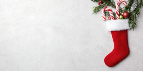 festive red Christmas stocking filled with candy canes and decorated with pine branches and ornaments against a light background.