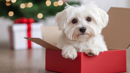cute white dog peeks out from a red gift box, with a festive backdrop featuring a Christmas tree and wrapped presents.