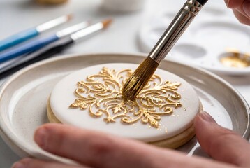 Hand Decorating Sugar Cookie with Gold Edible Paint