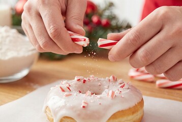 Crushing Peppermint Candy Cane onto Glazed Donut