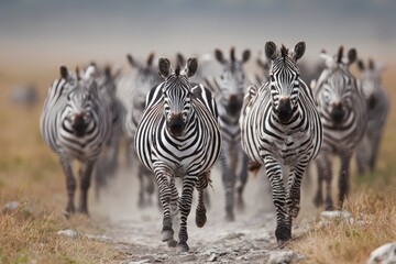 Fototapeta premium Dynamic Zebras on the Move: A Colorful Herd Crossing the African Plain