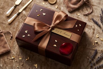 Elegant Wooden Gift Box with Bronze Ribbon and Gold Leaf