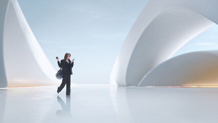 Modern composition of woman checking devices inside curved future terminal. Concept of digital travel workflow, smart connectivity, and fluid business communication.