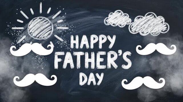 Happy fathers day message written in white chalk on a dark blue chalkboard background with sun and cloud drawings