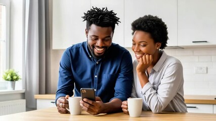 Young black couple smiling while looking at smartphone in kitchen - Powered by Adobe