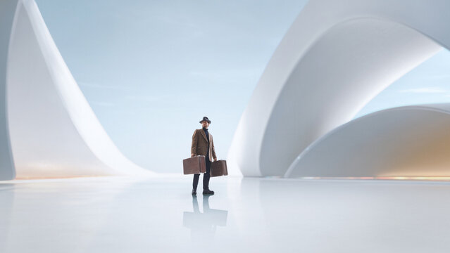 Stylized artwork of man holding two suitcases inside sweeping white architectural space. Concept of long-distance mobility, futuristic transit infrastructure, and premium travel identity.